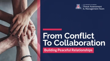 Training cover slide: From Conflict to Collaboration, Building Peaceful Relationships. Image of a group of diverse hands.